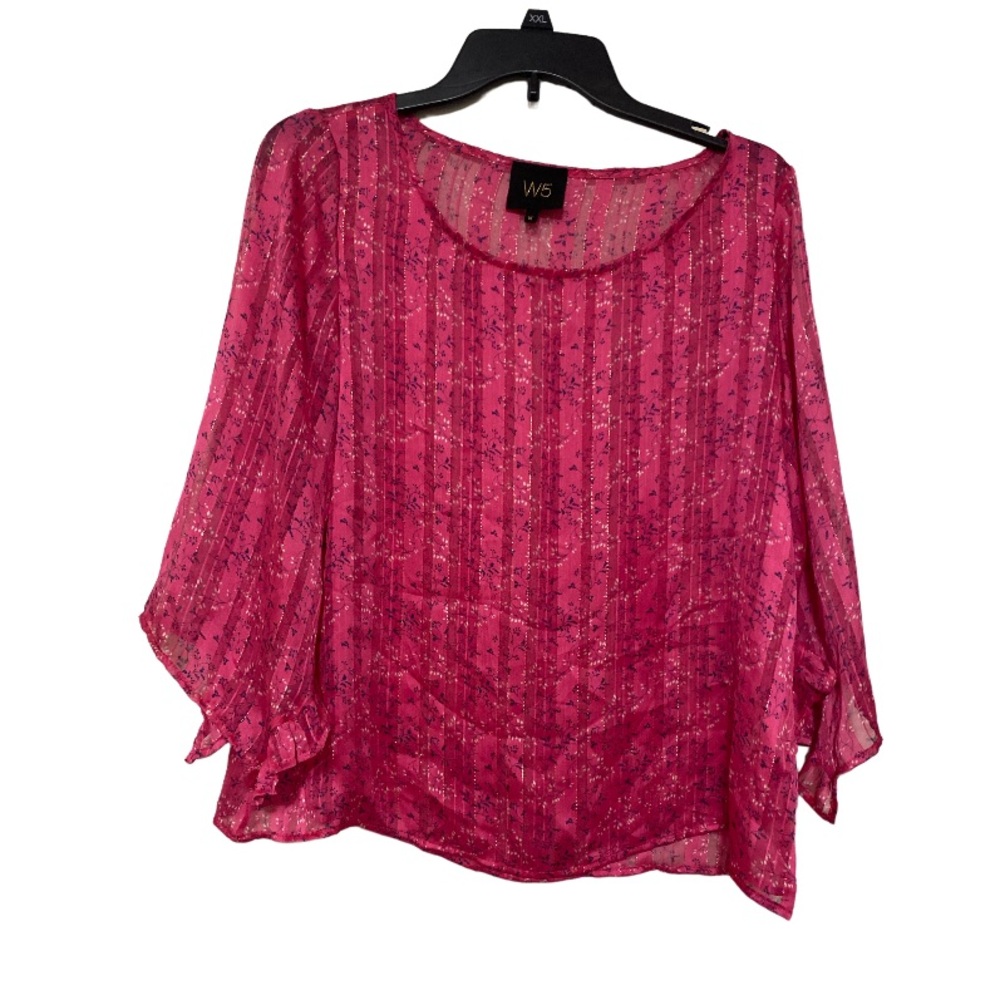 W5 Anthropologie Pink 3/4 Flutter Sleeve Glitter Striped Floral Blouse - Size M